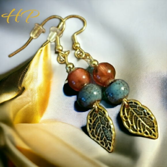 Fall Boho Gold Leaf Hand Crafted Drop Earrings - Picture 1 of 5